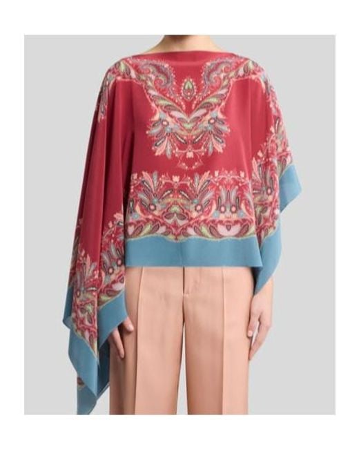 Etro Red Asymmetric Silk Poncho Top With Placed Print