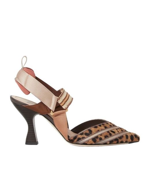 Fendi Brown High-Heeled Mesh And Cavallino Calfskin Slingbacks