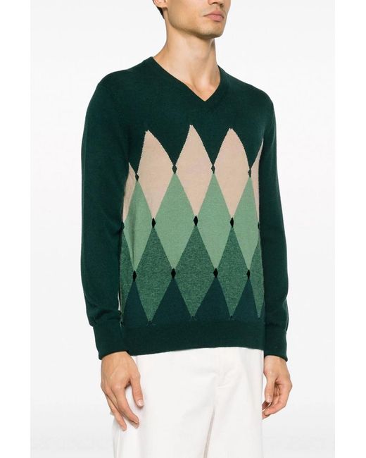 Ballantyne Green Diamond Pattern V-Neck Jumper for men