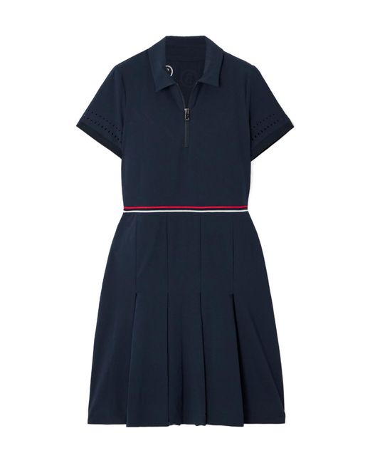 Bogner Blue Pleated Laser-Cut Striped Stretch-Jersey Golf Dress
