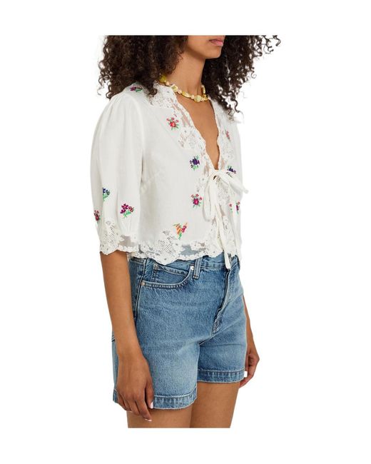 Rixo White Versatile V-Neck Puff Sleeve T-Shirt