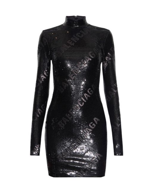 Balenciaga Black All-Over Sequin-Embellished Highneck Dress