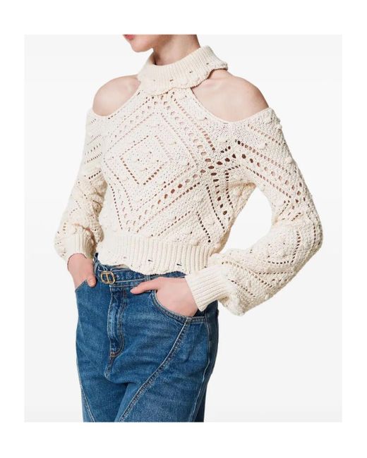 Twinset White Openwork-Knit Cropped Sweater
