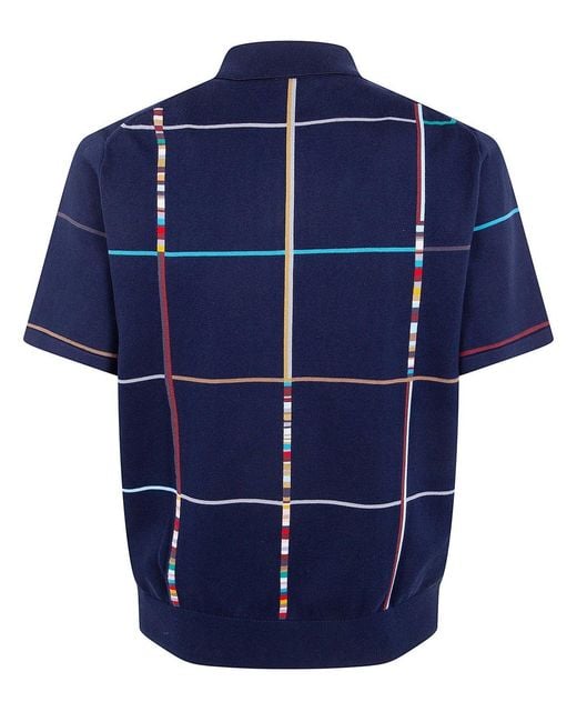 Paul Smith Blue Signature Stripe Check Knitted Polo Shirt for men