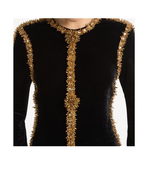 Balmain Black Long Velvet Dress With Embroidered Trim