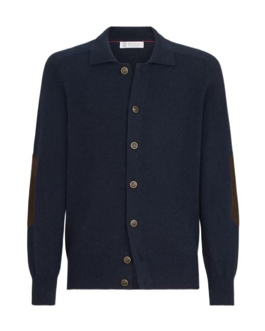 Brunello Cucinelli Blue Cashmere Cardigan With Shirt-Style Collar And Buttons for men