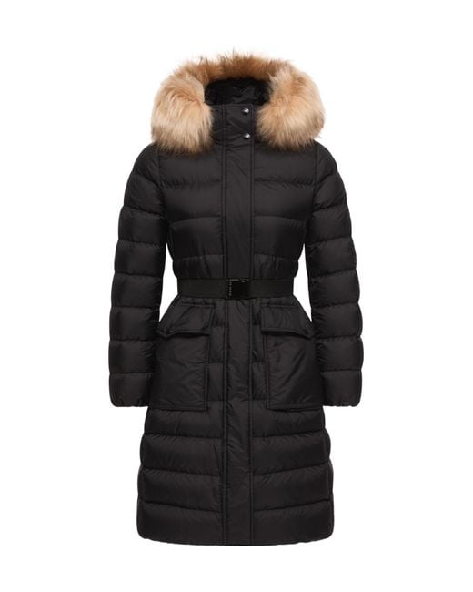 Moncler Black Khloesse Shearling-Trimmed Hooded Long Down Jacket