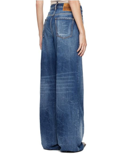 DSquared² Blue Distressed Wide-Leg Denim Jeans