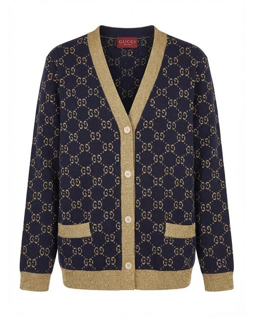Gucci Blue Gg Lamé Long-Sleeved Cardigan