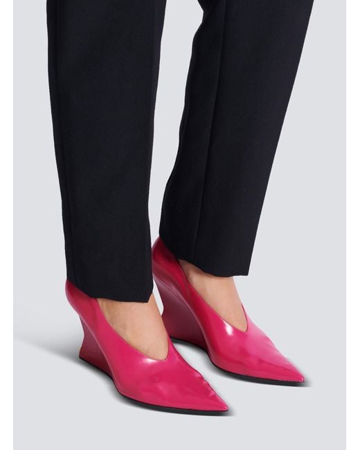 Balmain Pink Shiny Lambskin Wedge Pumps