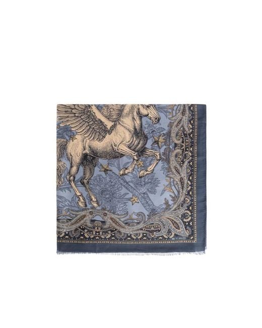 Etro Blue Silk-Blend Scarf With Pegaso for men