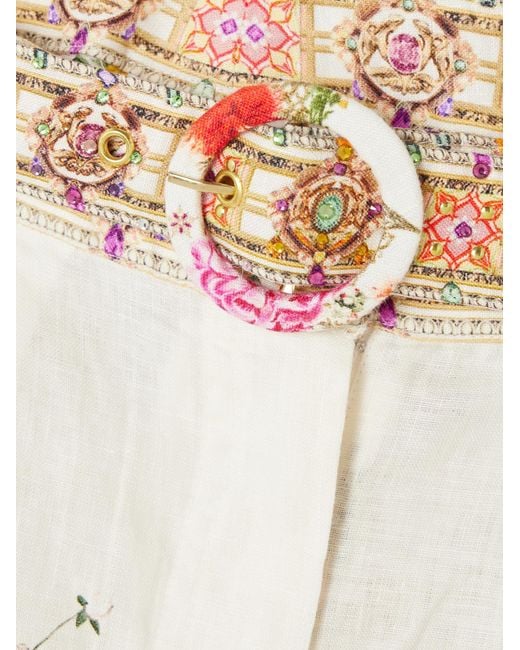 Camilla Multicolor Belted Crystal-Embellished Floral-Print Linen Shorts