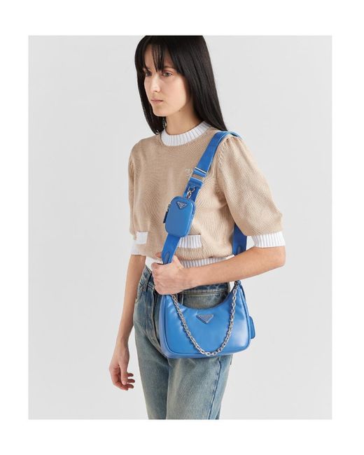 Prada Blue Logo Plaque Chain-Linked Shoulder Bag