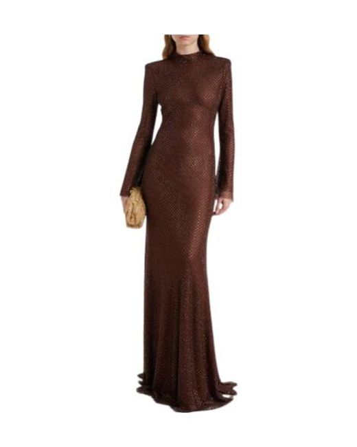 Self-Portrait Brown Crystal-Embellished Mesh Gown