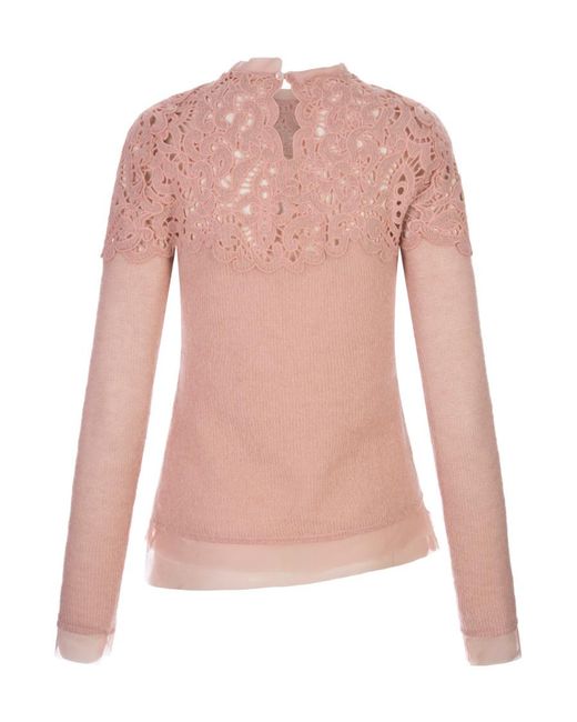 Ermanno Scervino Pink Guipure-Lace Long-Sleeve Jumper