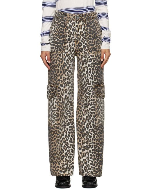 Ganni Gray Leopard Printed Straight Leg Jeans