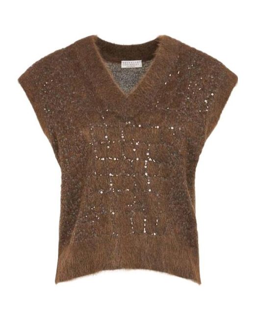 Brunello Cucinelli Brown Embellished Mohair Blend Knit Vest