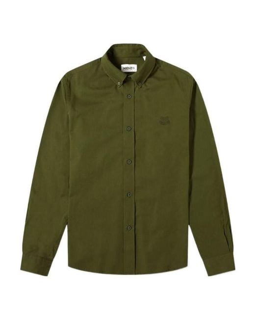 KENZO Green Logo-Embroidered Long-Sleeve Shirt for men