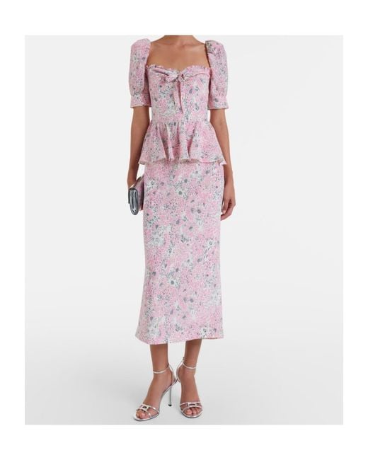 Alessandra Rich Pink Floral Peplum Silk Midi Dress