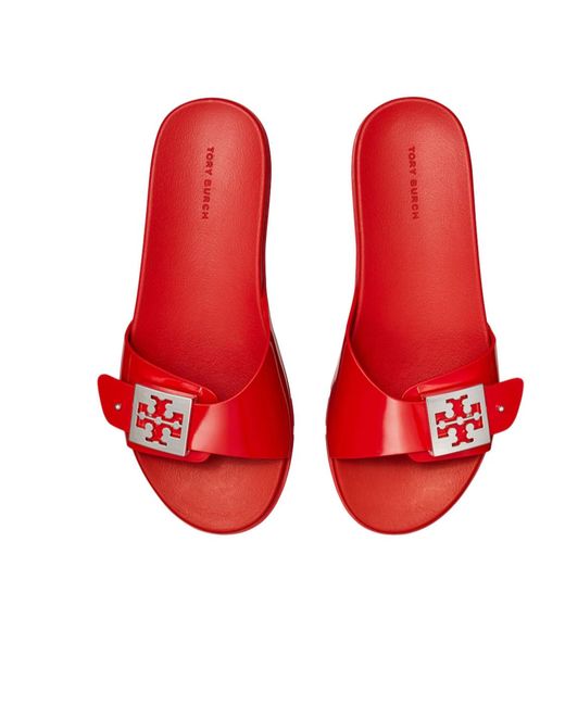 Tory Burch Red Logo-Buckle Slip On Slides