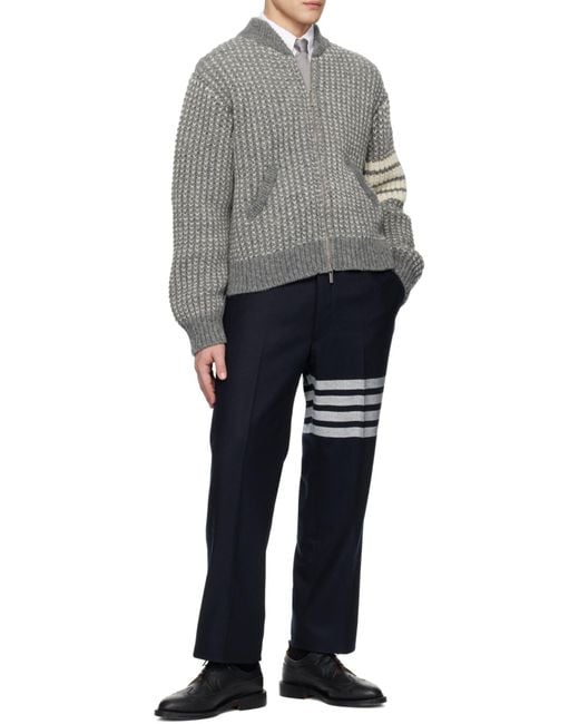 Thom Browne Gray Bar Chunky-Knit Bomber Jacket for men