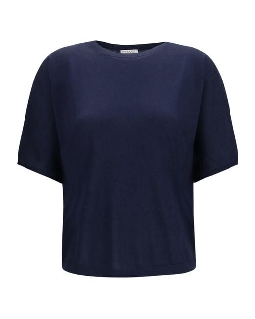Brunello Cucinelli Blue Short-Sleeve Round-Neck Cashmere T-Shirt