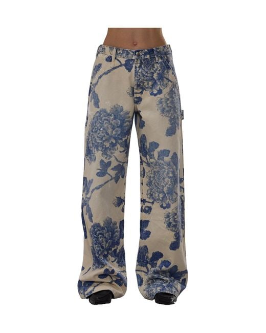 R13 Blue Belt-Loop Floral-Print Jeans
