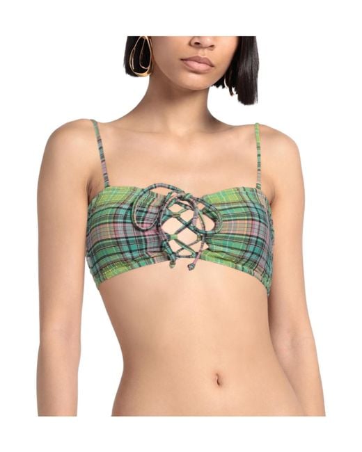 Ganni Green Checked Bikini Top