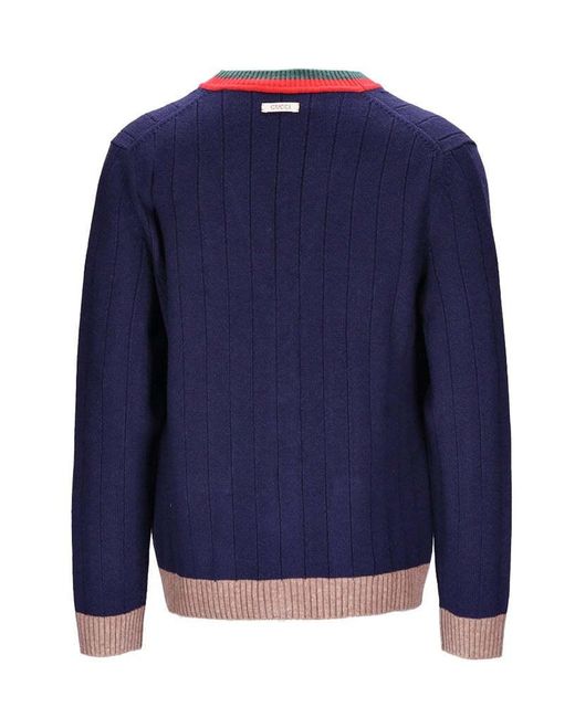 Gucci Blue Web-Stripe Wool Cardigan for men