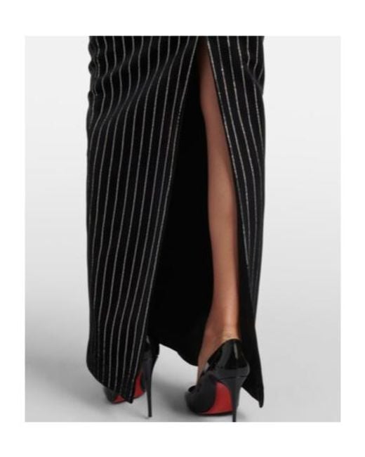 Alex Perry Black Column Embellished Pinstripe Velvet Maxi Skirt