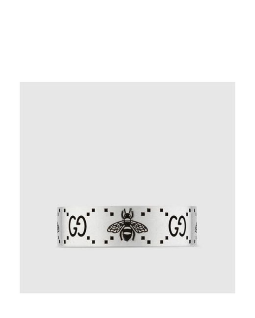 Gucci White Gg And Bee Engraved Wide Ring