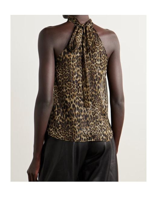 Nili Lotan Brown Alla Tie-Neck Leopard-Print Metallic Silk-Crepon Halterneck Top