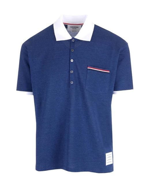 Thom Browne Blue Logo Patch Stripe-Detailed Polo Shirt for men