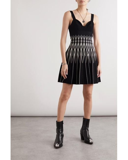 McQueen Black V-Neck Pleated Mini Dress