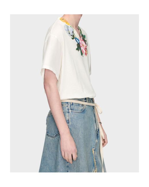 Maison Margiela White Floral Printed V-Neck T-Shirt for men