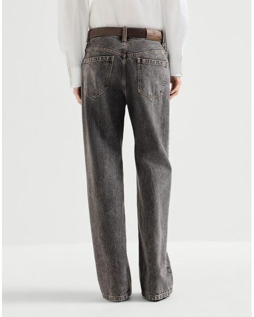 Brunello Cucinelli Gray Authentic Denim Contemporary Loose Trousers With Monili