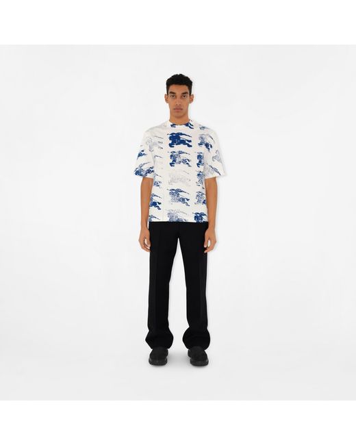 Burberry Blue Equestrian Knight Printed Crewneck T-Shirt for men