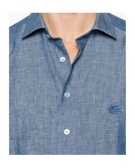 Etro Blue Logo Embroidered Long Sleeved Shirt for men
