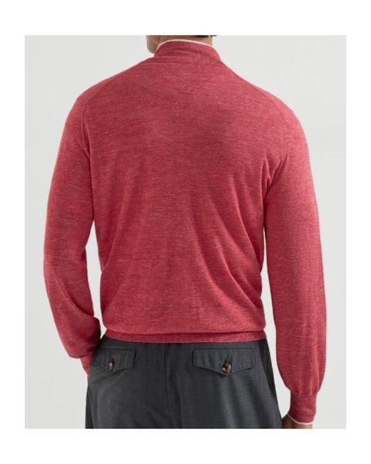 Brunello Cucinelli Red Half-Zip High-Neck Knitted Sweater for men