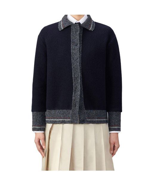 Thom Browne Blue Speckled-Trim Long-Sleeved Cardigan