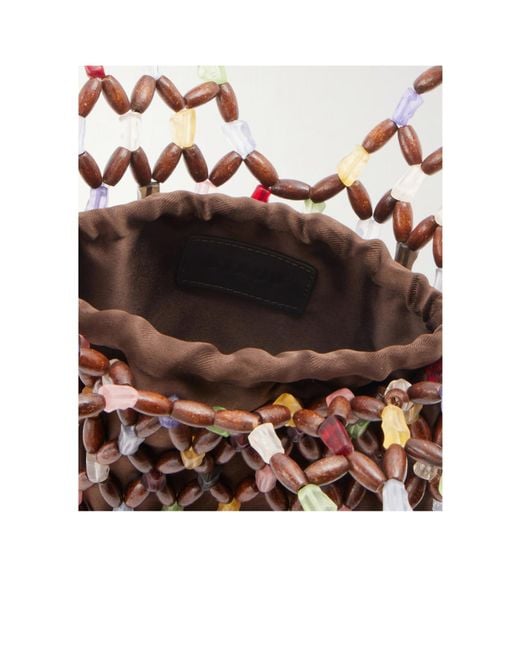 Staud Brown Kelly Leather-Trimmed Beaded Wood And Glass Satin Tote