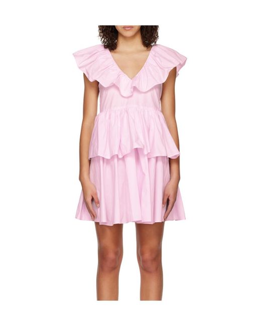 Ganni Pink A V-Collar Dress With Lotus Leaf Edge