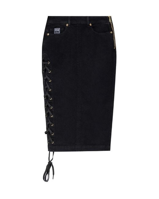 Versace Jeans Black Couture Lace-Up Detailed Midi Denim Skirt