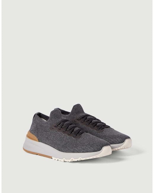 Brunello Cucinelli Blue Cotton Knit And Semi-Polished Calfskin Runners for men