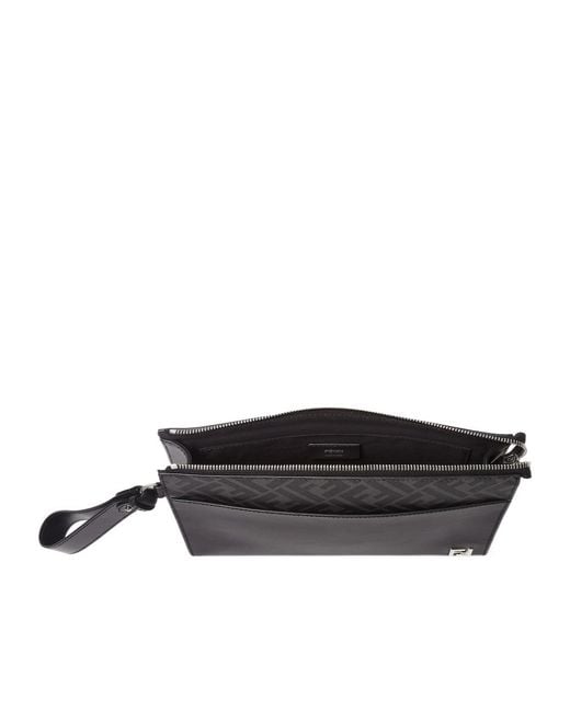 Fendi Black Logo Plaque Zipped Clutch Bag for men