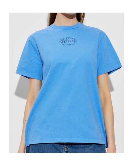 Ganni Blue Logo-Print T-Shirt