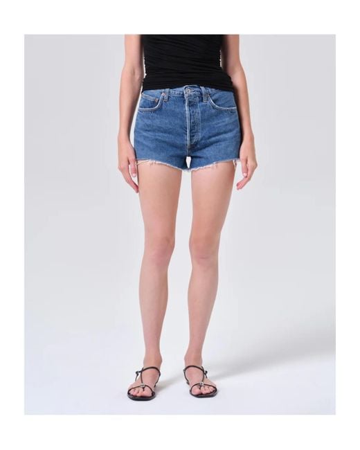 Agolde Blue Frayed Hem Denim Shorts