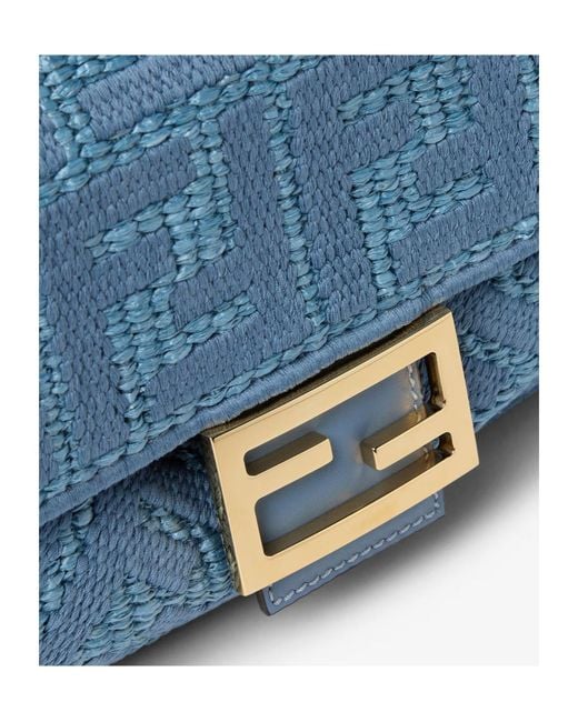 Fendi Blue Baguette Embossed Shoulder Bag