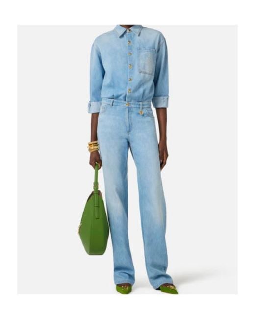 Elisabetta Franchi Blue Lettering Denim Jumpsuit