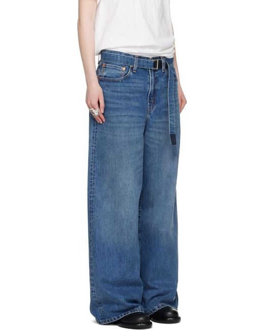 Sacai Blue Logo Patch Wide-Leg Belted Jeans